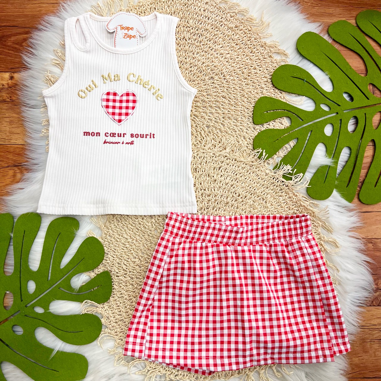  Conj. Regata Oui My Chérie e Short Saia Xadrez - Vermelho e Off White